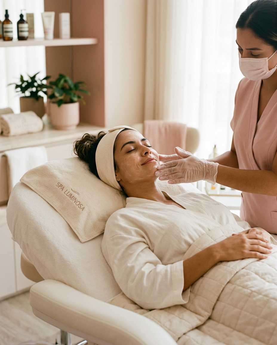 Cliente relaxada recebendo tratamento facial